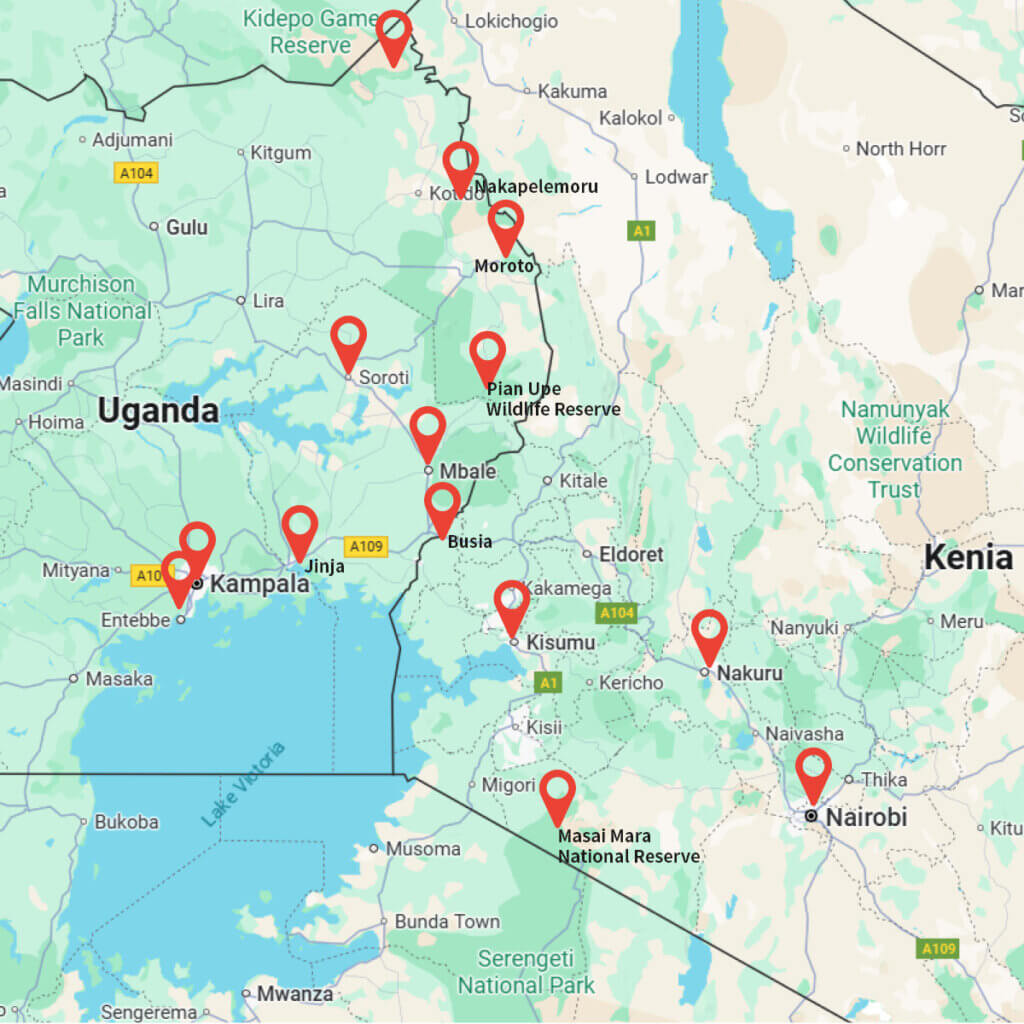 12 Day Kenya and Uganda Safari: Masai Mara & Karamoja Map with markings with all the places visited during the 12 day Kenya and Uganda Safari Tour of Ebonjalo Tours