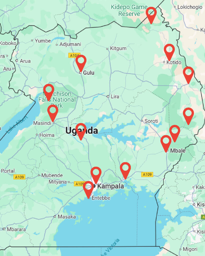 A map with pintpoints with all destinations visited during the twelve day east and northern Uganda safari package of Ebonjalo Tours
